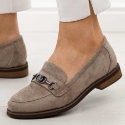 Khaki zamsz lekkie mokasyny damskie Potocki 12572. Brązowe mokasyny damskie POTOCKI, na jesień, z jeansu, z okrągłym noskiem, bez obcasa. Za 189.00 zł.