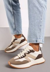 Brązowe Sneakersy na Płaskiej Podeszwie z Geometryczną Wstawką Sewla. Brązowe obuwie sportowe damskie Renee, z jeansu, bez zapięcia. Za 99.99 zł.
