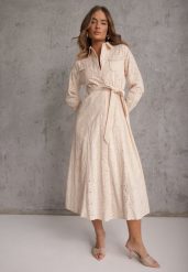 Beżowa Ażurowa Sukienka z Bawełny Ozdobiona Paskiem Novenelle. Brązowe sukienki damskie Renee, w ażurowe wzory, z bawełny, bez ramiączek. Za 139.99 zł.