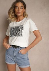 Biały Bawełniany T-shirt Oversize z Nadrukiem Imitującym Zebrę Nalornis. Białe t-shirty damskie Renee, s, bez wzorów, z bawełny, bez kołnierzyka. Za 14.99 zł.