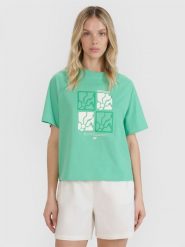 4F T-shirt oversize z nadrukiem damski - zielony XL. Zielone koszulki sportowe damskie 4F, s, bez wzorów, z bawełny, bez ramiączek. W wyprzedaży za 39.99 zł.