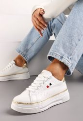 Biało-Złote Sneakersy na Platformie z Minimalistycznym Obszyciem Wokół Podeszwy Ansinrea. Białe obuwie sportowe damskie Renee, z materiału, bez zapięcia. Za 79.99 zł.