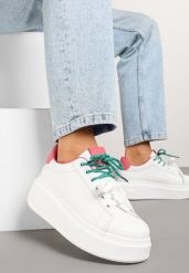 Biało-Różowe Sneakersy Ozdobione Podwójnym Wiązaniem Zdivane. Białe obuwie sportowe damskie Born2be, bez zapięcia. Za 89.99 zł.