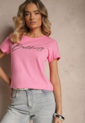 Różowy T-shirt z Bawełny z Napisem Zelreti. Czerwone t-shirty damskie Renee, m, bez wzorów, z bawełny, bez kołnierzyka. Za 39.99 zł.