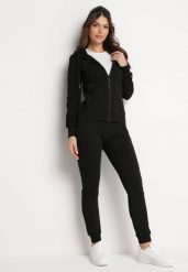 Czarny Komplet Dresowy z Zasuwaną Bluzą i Joggerami Bregida. Czarne bluzy damskie Born2be, l, bez wzorów, z dresówki, z kapturem. Za 119.99 zł.