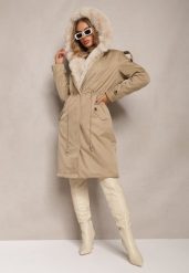 Beżowa Długa Kurtka Parka Nylonowa Płaszcz z Futrzanymi Wstawkami Rinale. Brązowe kurtki damskie Renee, l, bez wzorów, z futra, bez kaptura. Za 329.99 zł.