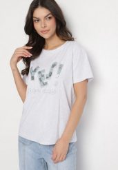 Jasnoszary T-shirt z Bawełny Ozdobiony Cekinami i Cyrkoniami Camiren. Szare t-shirty damskie Born2be, l, z aplikacjami, z bawełny, bez kołnierzyka. Za 34.99 zł.