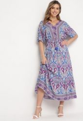 Niebiesko-Fuksjowa Sukienka Maxi z Wiskozy w Stylu Boho z Wzorem Paisley i Gumką w Pasie Naroli. Niebieskie sukienki damskie Born2be, bez wzorów, z wiskozy, boho, bez ramiączek. Za 119.99 zł.