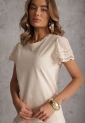 Beżowy T-shirt z Bawełny z Rękawami z Koronki Hycis. Brązowe t-shirty damskie Renee, m, bez wzorów, z bawełny, bez kołnierzyka. Za 69.99 zł.