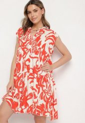 Pomarańczowa Bawełniana Sukienka z Abstrakcyjnym Wzorem Lioraia. Brązowe sukienki damskie Born2be, bez wzorów, z bawełny, eleganckie, bez ramiączek. W wyprzedaży za 38.24 zł.