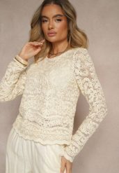 Beżowa Bawełniana Ażurowa Bluzka Clarisae. Brązowe bluzki damskie Renee, l, w ażurowe wzory, z bawełny, eleganckie, bez kołnierzyka, bez ramiączek. Za 119.99 zł.