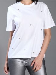 Koszulka - biały. Białe koszulki damskie Sinsay, l, z aplikacjami, z bawełny, bez kołnierzyka, bez ramiączek. Za 19.99 zł.