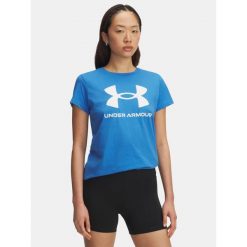 Koszulka T-Shirt Damski Sportowy Under Armour Rival Logo. Niebieskie koszulki sportowe damskie Under Armour, bez wzorów, bez ramiączek, na fitness i siłownię. Za 99.99 zł.