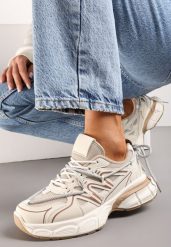 Beżowe Sneakersy z Siateczką na Podeszwie z Wycięciami i Ozdobnym Wiązaniem Dorila. Brązowe obuwie sportowe damskie Renee, przed kostkę, bez zapięcia. Za 109.99 zł.
