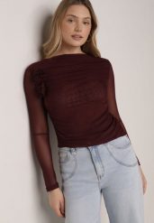 Bordowa Bluzka Siateczkowa z Marszczeniem i Kwiatową Aplikacją Nelimor. Czerwone bluzki damskie Born2be, m, z aplikacjami, z bawełny, eleganckie, bez kołnierzyka, bez ramiączek. Za 79.99 zł.