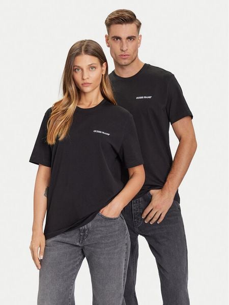 Guess Jeans T-Shirt M5BI78 K8FQ4 Czarny Regular Fit. Czarne t-shirty damskie Guess Jeans, m, z aplikacjami, z bawełny, bez kołnierzyka. Za 79.99 zł.