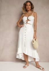 Biała Spódnica z Przedłużonym Tyłem Zdobiona Falbanami i Guzikami Maleira. Białe spódnice damskie Renee, na co dzień, l, z aplikacjami, boho, midi. Za 49.99 zł.