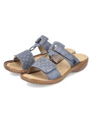 Rieker Klapki w kolorze błękitnym rozmiar: 40. Niebieskie klapki damskie Rieker, bez wzorów, z otwartym noskiem, bez obcasa, na koturnie, bez zapięcia. Za 146.28 zł.