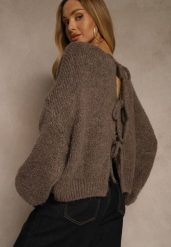 Jasnobrązowy Kardigan z Wełną o Kroju Oversize z Wiązanymi Kokardami Elearina. Brązowe kardigany damskie Renee, bez wzorów, z jeansu. Za 149.99 zł.