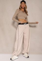 Beżowo-Czarne Dresowe Spodnie z Wiskozą High Waist Ozdobione Lampasami Maiviona. Brązowe spodnie dresowe damskie Renee, bez wzorów, z dresówki. Za 109.99 zł.