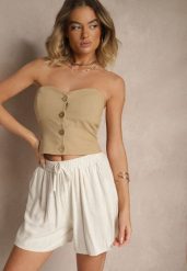 Jasnobeżowe Szorty z Lnem High Waist Ozdobione Wiązaniem Lenielle. Brązowe szorty damskie Renee, bez wzorów, z podwyższonym stanem. Za 39.99 zł.