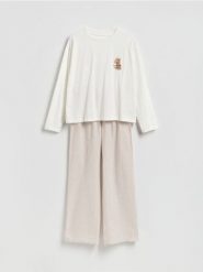 Dwuczęściowa piżama z nadrukiem - beżowy. Brązowe piżamy damskie Reserved, bez wzorów, z bawełny, bez ramiączek. Za 139.99 zł.