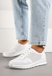 Białe Skórzane Sneakersy Ozdobione Perforacją Odrelia. Białe obuwie sportowe damskie Born2be, z jeansu, bez zapięcia. Za 189.99 zł.