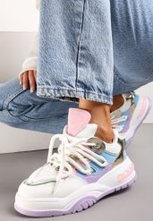 Biało-Fioletowe Sneakersy Ozdobione Kolorowymi i Metalicznymi Wstawkami na Grubej Podeszwie Oplevia. Białe obuwie sportowe damskie Renee, bez zapięcia. Za 99.99 zł.