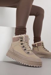 Ciemnobeżowe Sneakersy w Stylu Traperów na Platformie Ewedora. Brązowe obuwie sportowe damskie Renee, z jeansu, bez zapięcia. Za 109.99 zł.