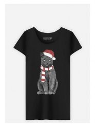 WOOOP Koszulka "Xmas Cat" w kolorze czarnym rozmiar: L. Czarne bluzki damskie Wooop, l, bez wzorów, z bawełny, bez kołnierzyka, bez ramiączek. Za 65.85 zł.