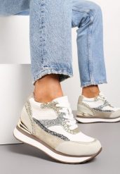 Szaro-Złote Brokatowe Sneakersy na Ukrytym Koturnie Zophiela. Brązowe obuwie sportowe damskie Renee, bez zapięcia. Za 119.99 zł.