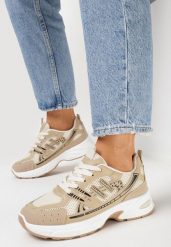 Ciemnobeżowe Sneakersy z Ozdobnymi Przeszyciami Varteli. Brązowe obuwie sportowe damskie Born2be, z jeansu, bez zapięcia. Za 39.99 zł.