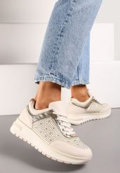 Beżowe Sneakersy na Grubej Podeszwie z Cyrkoniami i Sznurowaniem Aptive. Brązowe obuwie sportowe damskie Born2be, bez zapięcia. Za 109.99 zł.