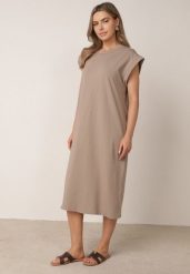 Ciemnobeżowa Sukienka Pudełkowa w Stylu T-shirtowym Zanisea. Brązowe sukienki damskie Born2be, bez wzorów, z materiału, bez ramiączek. Za 89.99 zł.