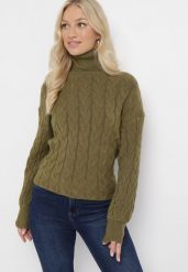 Ciemnozielony Sweter z Golfem w Warkoczowy Splot ze Ściągaczami Maraiwai. Zielone golfy damskie Born2be, na jesień, ze splotem, bez kołnierzyka. Za 109.99 zł.