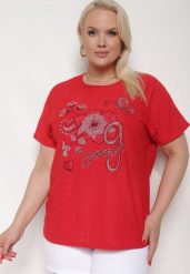 Czerwony Ażurowy T-shirt z Bawełną Ozdobiony Cyrkoniami Deviana. Czerwone t-shirty damskie Born2be, l, w ażurowe wzory, z bawełny, bez kołnierzyka. Za 34.99 zł.
