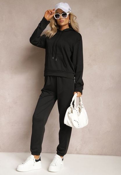Czarny Klasyczny Komplet Dresowy z Bluzą Kangurką i Spodniami Typu Jogger Salevia. Czarne bluzy damskie Renee, m, bez wzorów, z dresówki, bez kaptura. Za 79.99 zł.