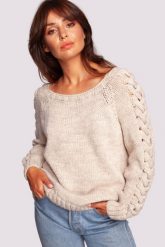 Sweter z Grubym Warkoczem na Rękawach - Beżowy. Brązowe swetry klasyczne damskie MOE, l, z materiału, bez kołnierzyka. Za 204.58 zł.