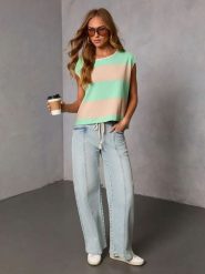 Milan Kiss Koszulka w kolorze jasnobrązowo-turkusowym rozmiar: XL. Brązowe bluzki damskie Milan Kiss, xl, bez wzorów, bez kołnierzyka, bez ramiączek. Za 152.99 zł.