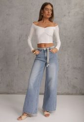 Niebieskie Szerokie Jeansy z Bawełną High Waist z Paskiem Typu Sznurek Caninna. Niebieskie jeansy damskie Renee, z podwyższonym stanem. Za 119.99 zł.