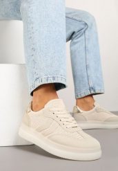 Beżowe Sneakersy w Stylu Tenisówek z Geometrycznymi Paskami Falenira. Brązowe obuwie sportowe damskie Born2be, z jeansu, bez zapięcia, tenisowe. Za 89.99 zł.