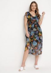 Czarno-Niebieska Sukienka Rozkloszowana Midi w Kwiatowy Print Nelettia. Czarne sukienki damskie Born2be, bez wzorów, biznesowe, bez ramiączek. Za 79.99 zł.