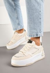 Beżowe Sneakersy na Grubej Tłoczonej Podeszwie Deoliera. Brązowe obuwie sportowe damskie Born2be, z jeansu, bez zapięcia. Za 89.99 zł.