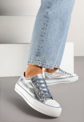 Srebrno-Niebieskie Trampki pod Kostkę Ozdobione Napisem i Brokatem Terlevia. Szare obuwie sportowe damskie Born2be, z jeansu, bez zapięcia. Za 69.99 zł.