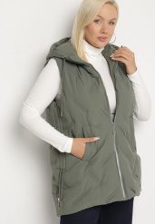 Zielona Przejściowa Kamizelka z Pikowanymi Przeszyciami i Kapturem Fesolira. Zielone kamizelki damskie Born2be, plus size, bez wzorów, z jeansu. Za 139.99 zł.