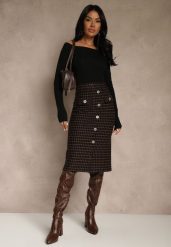 Czarna Tweedowa Spódnica Ołówkowa w Kratę z Guzikami Aretusa. Czarne spódnice damskie Renee, do pracy, m, bez wzorów, biznesowe, midi. Za 69.99 zł.