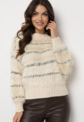 Beżowy Sweter w Paseczki z Wiskozą o Długim Włosiu Nerlina. Brązowe swetry klasyczne damskie Born2be, s, z jeansu, bez kołnierzyka. Za 89.99 zł.