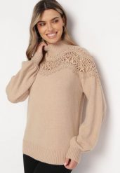 Beżowy Sweter Dzianinowy z Koronką Amaleth. Brązowe swetry klasyczne damskie Born2be, z dzianiny, bez kołnierzyka. Za 159.99 zł.