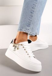Biało-Czarne Sneakersy na Platformie z Ozdobnym Łańcuszkiem i Sznurowaniem Raelffe. Białe obuwie sportowe damskie Born2be, z materiału, bez zapięcia. Za 84.99 zł.