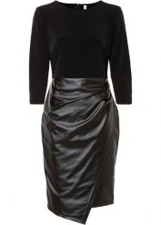 Sukienka ze sztucznej skóry z górą z dżerseju. Czarne sukienki damskie bonprix, bez wzorów, z dżerseju, eleganckie, bez ramiączek. Za 144.99 zł.